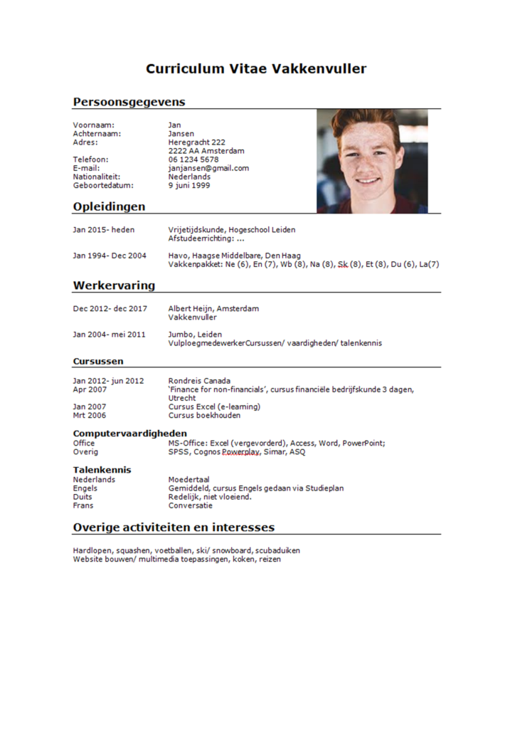 Voorbeeld cv vakkenvuller in word