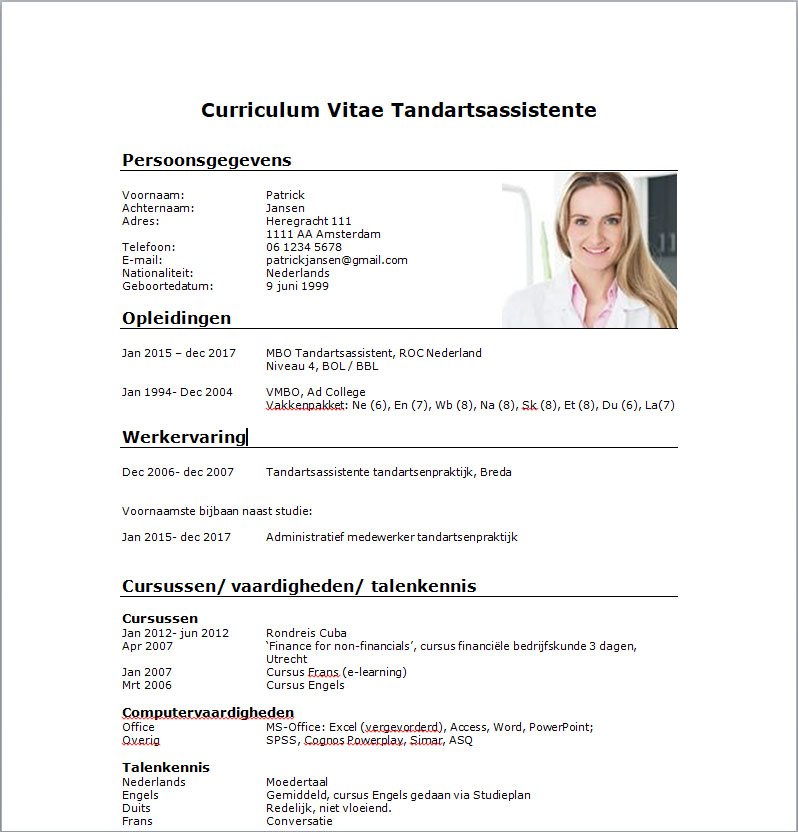 Voorbeeld CV Tandartsassistent  Download Gratis  PerfectCV.nl