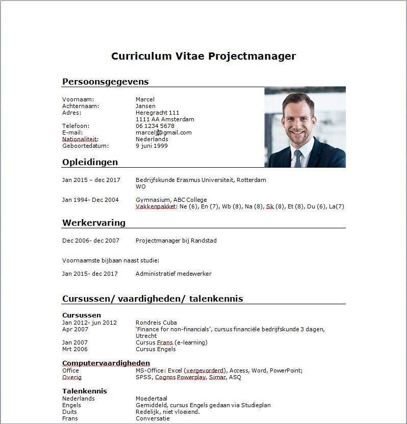 CV voorbeeld – projectmanager – download gratis