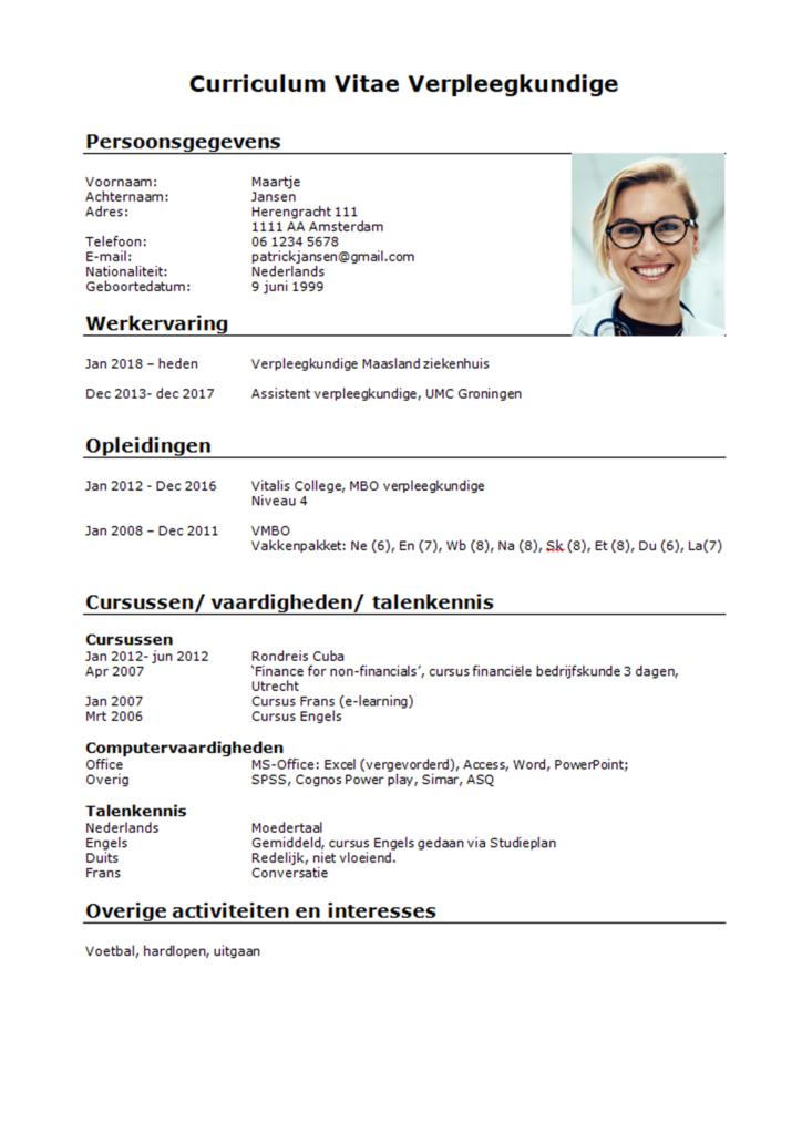 Cv Voorbeeld Verpleegkundige Download Gratis Perfectcv Nl