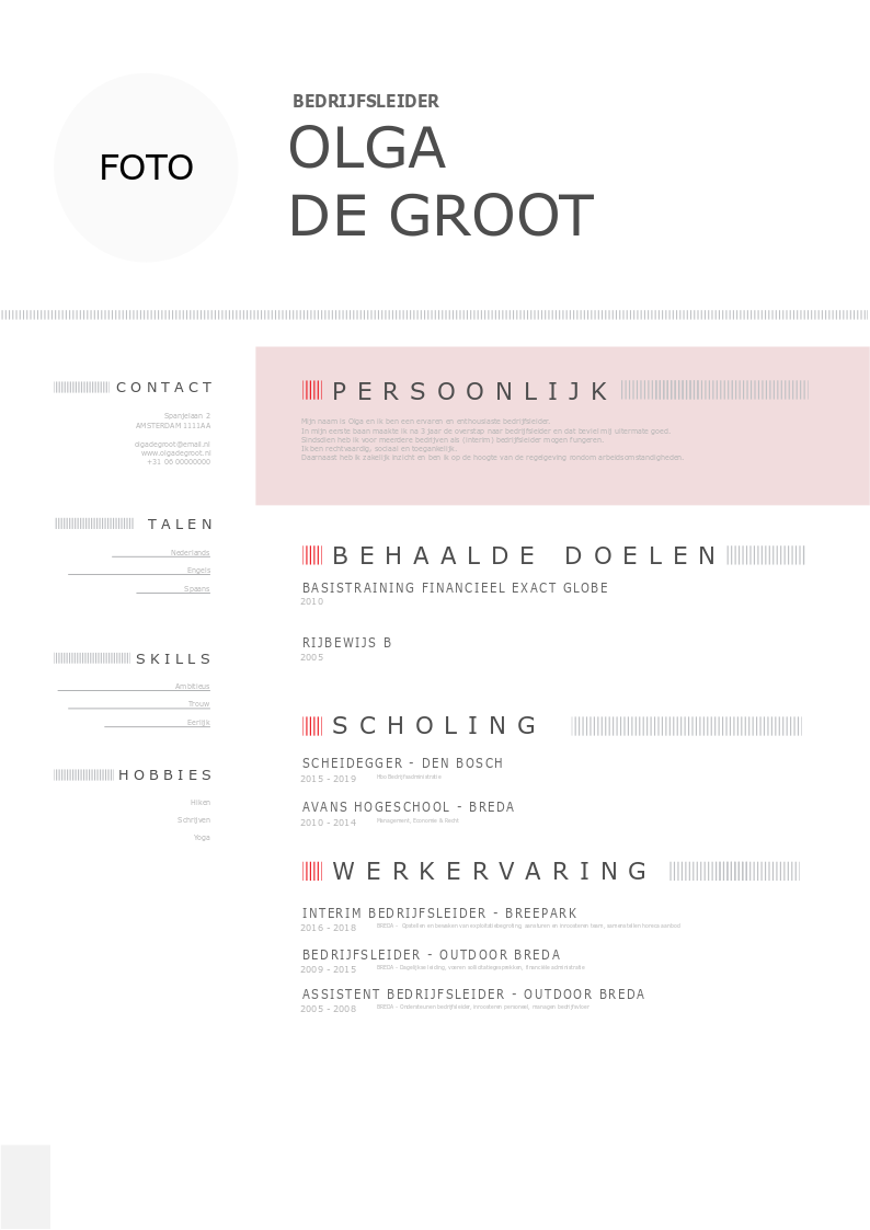 Cv Voorbeeld Vestigingsmanager Of Bedrijfsleider Download Gratis