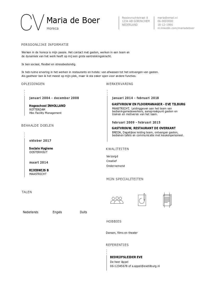 Cv Voorbeeld Horeca 100 Gratis Downloaden Word Pdf