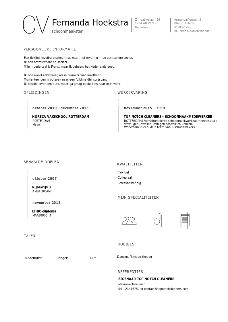 schoonmaakster cv voorbeeld