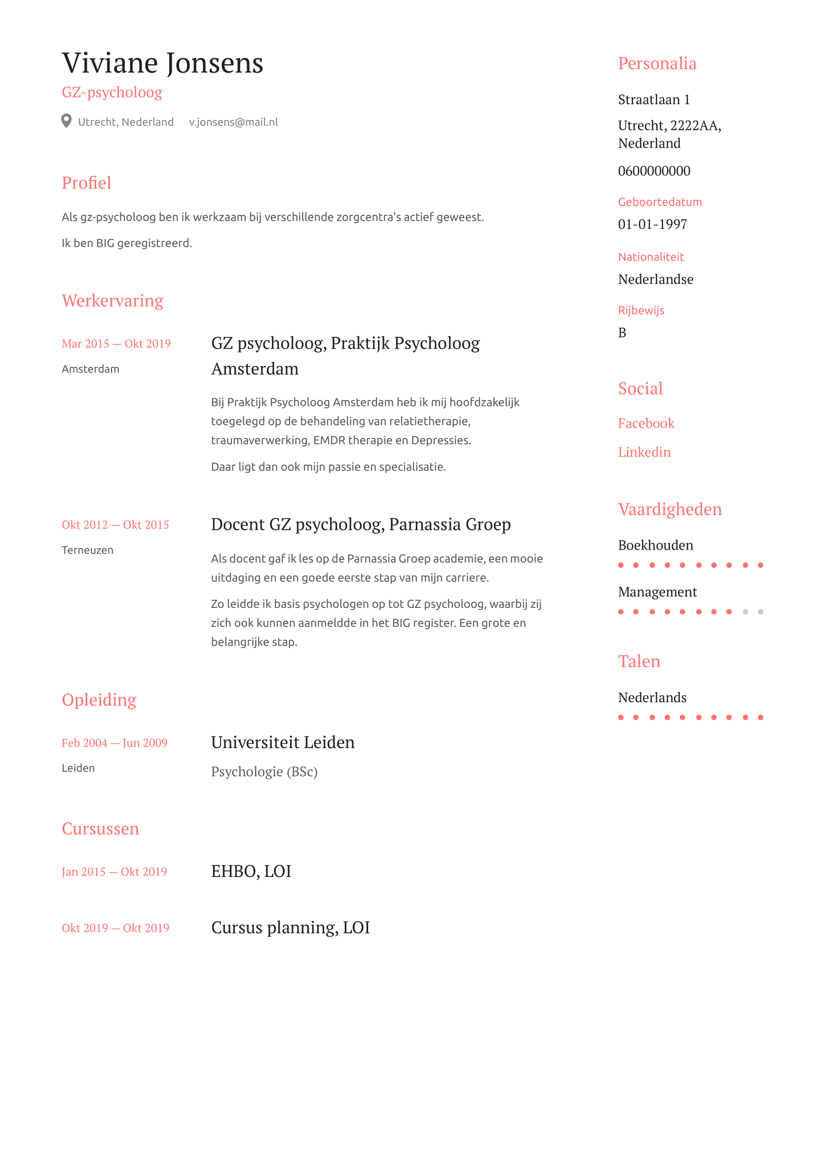 Cv voorbeeld GZ-psycholoog - Perfect CV - Gratis downloaden