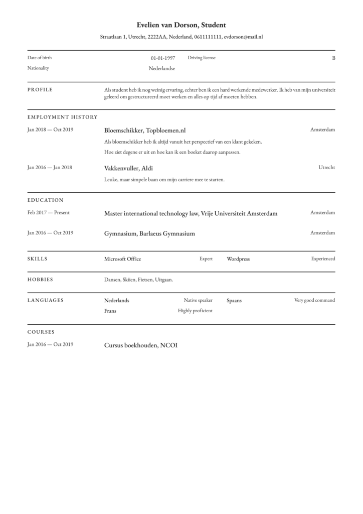 origineel cv voorbeeld student pdf