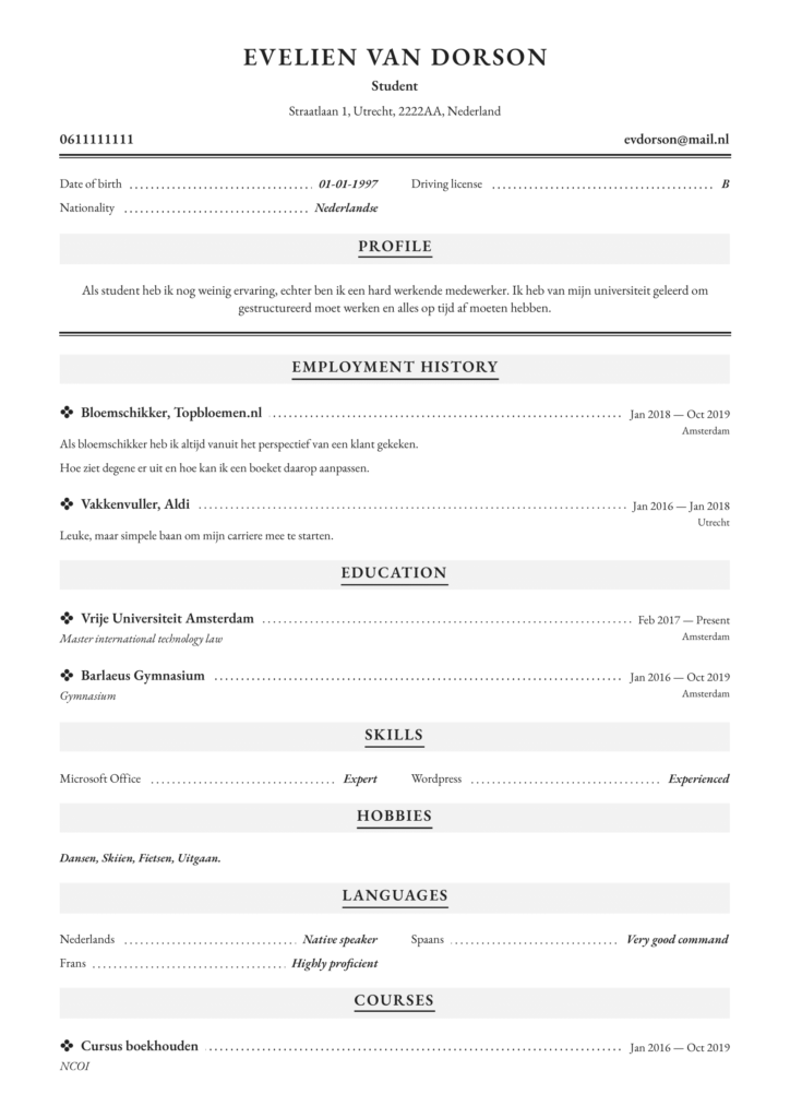 Klassiek cv voorbeeld student pdf