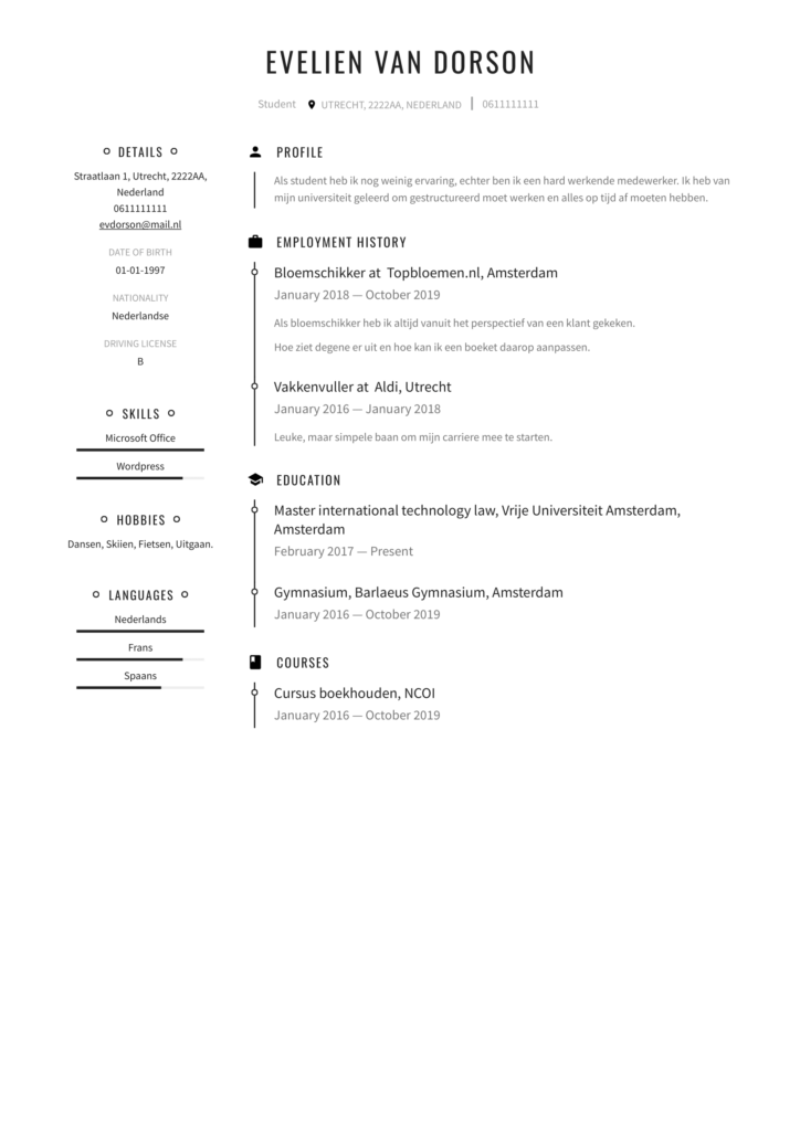 template cv voorbeeld student pdf