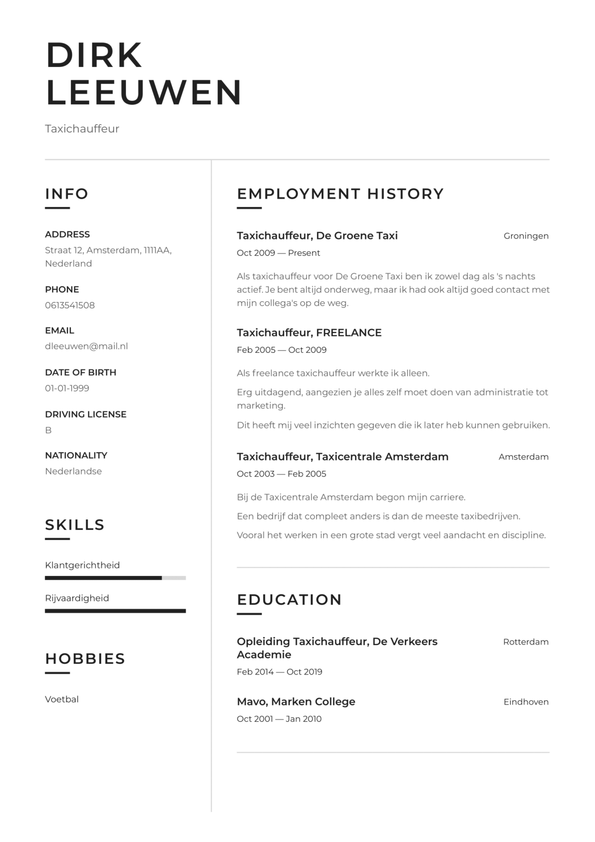 Cv voorbeeld taxichauffeur  Perfect CV  Tips en gratis voorbeelden