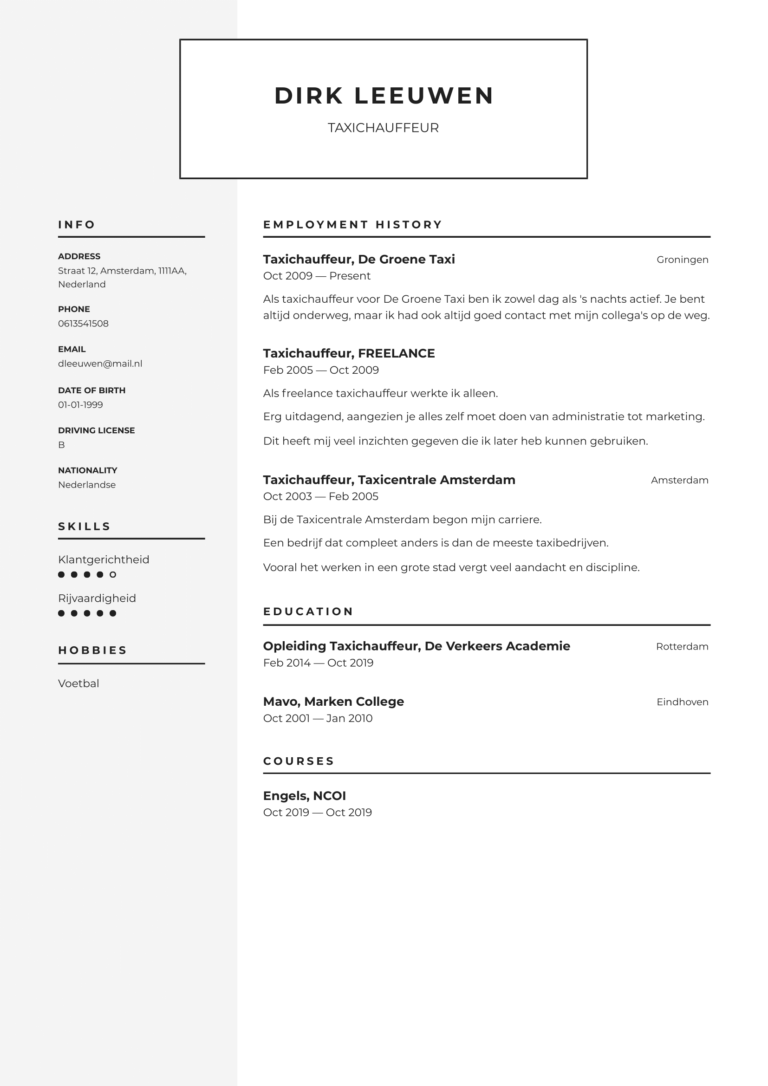 Cv voorbeeld taxichauffeur  Perfect CV  Tips en gratis voorbeelden
