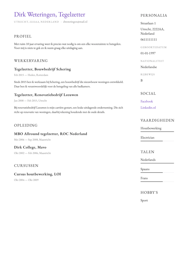 Cv Voorbeeld Tegelzetter Gratis Downloaden Perfect Cv