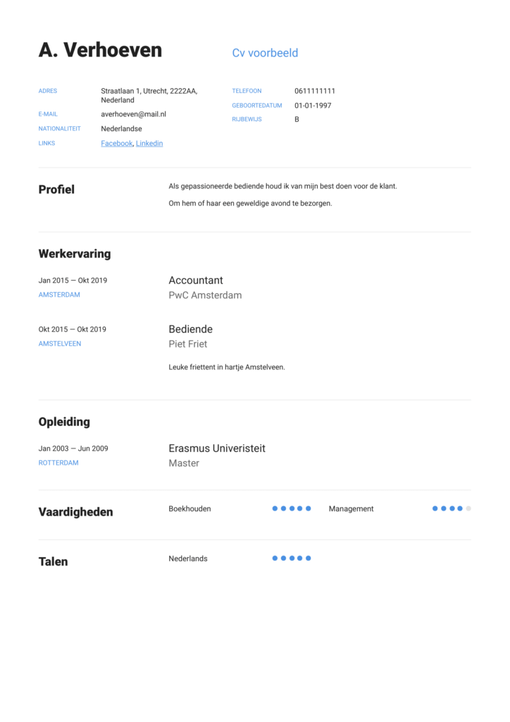 CV Voorbeeld 2020 20+ Gratis voorbeeld CV's In en Word.