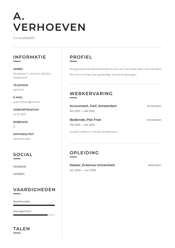 CV Voorbeeld 2020 20+ Gratis voorbeeld CV's In en Word.