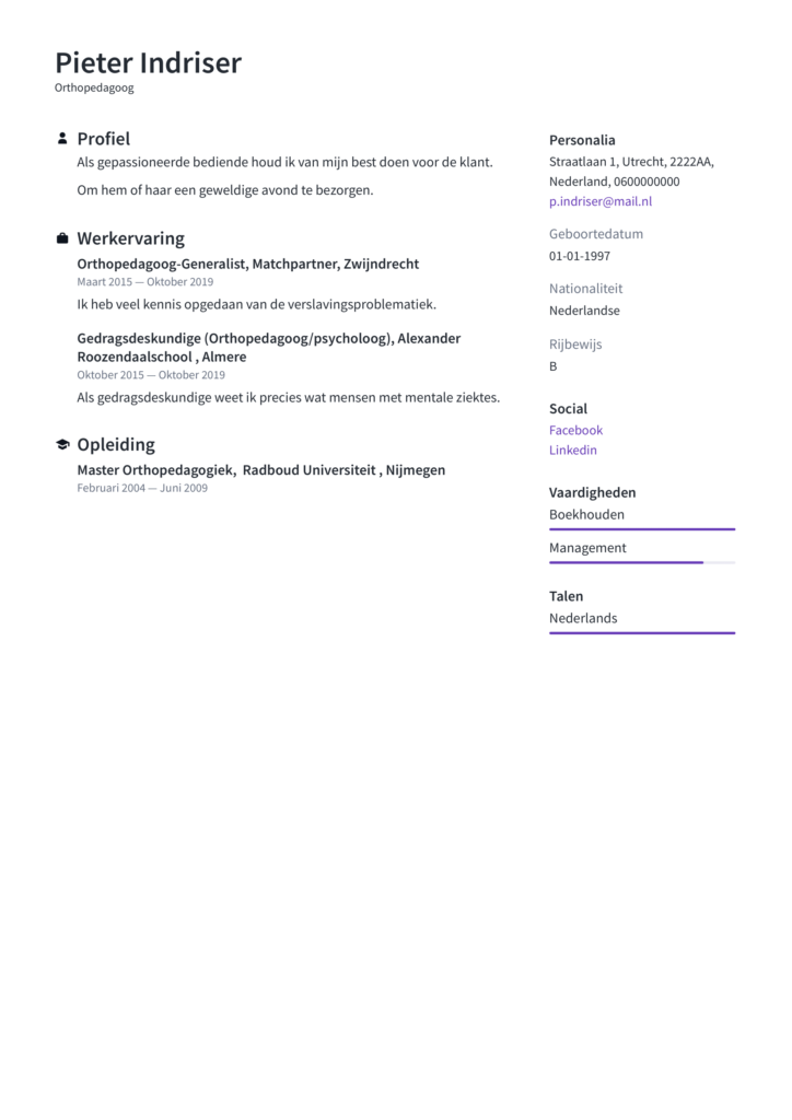 Cv Voorbeeld Orthopedagoog 2020 Gratis Downloaden Perfect Cv