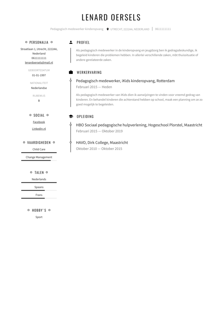 Cv Voorbeeld Pedagogisch Medewerker Kinderopvang Perfect Cv