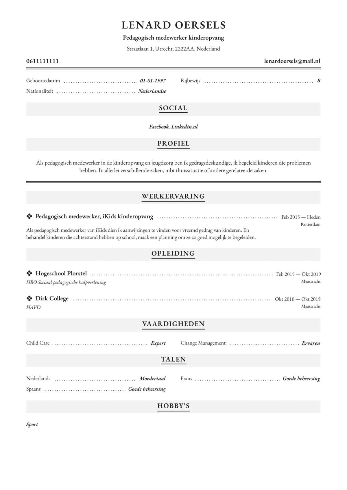 Cv voorbeeld pedagogisch medewerker kinderopvang  Perfect CV