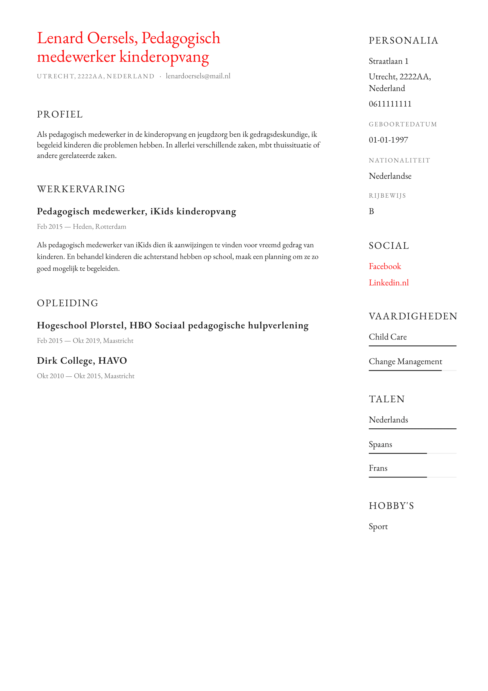 Cv voorbeeld pedagogisch medewerker kinderopvang  Perfect CV