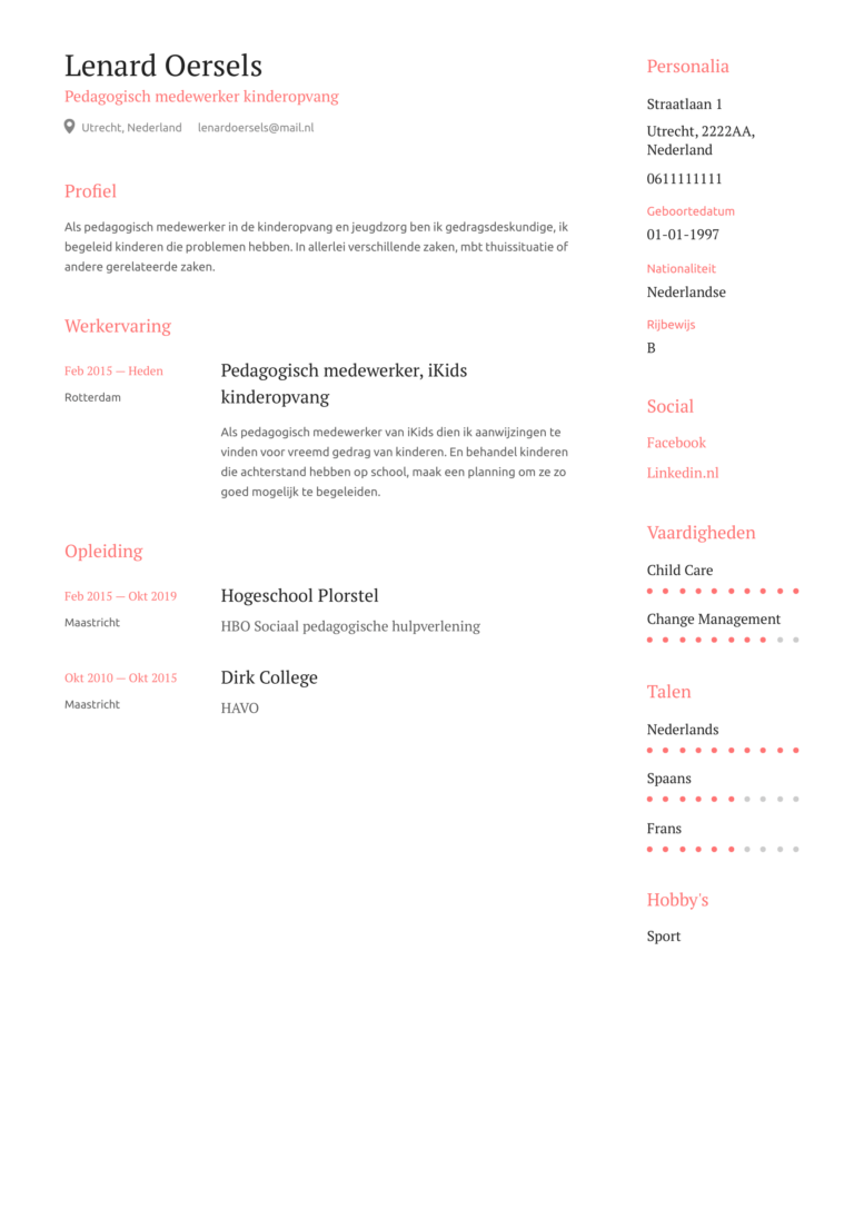 Cv voorbeeld pedagogisch medewerker kinderopvang  Perfect CV