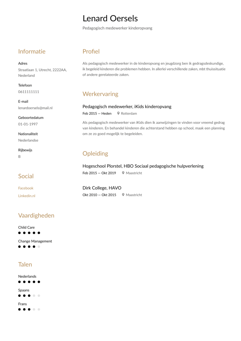 Cv voorbeeld pedagogisch medewerker kinderopvang  Perfect CV