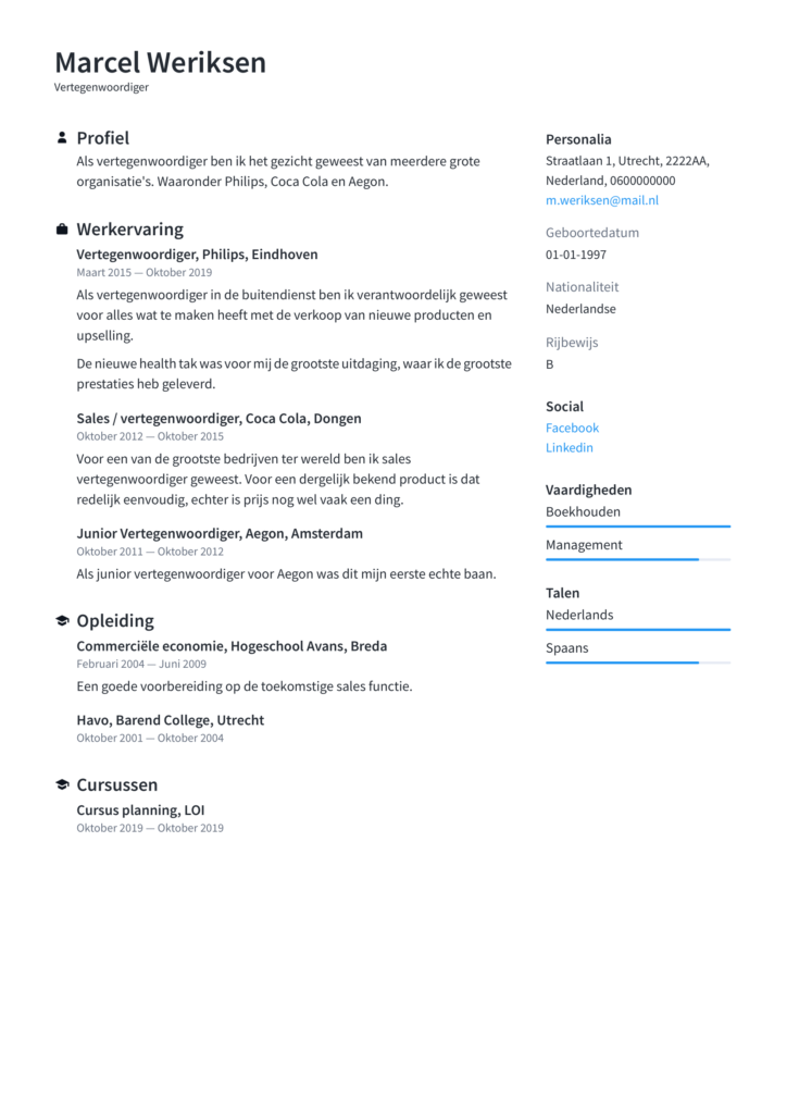 Cv Voorbeeld Vertegenwoordiger 2019 100 Gratis Downloaden Pdf