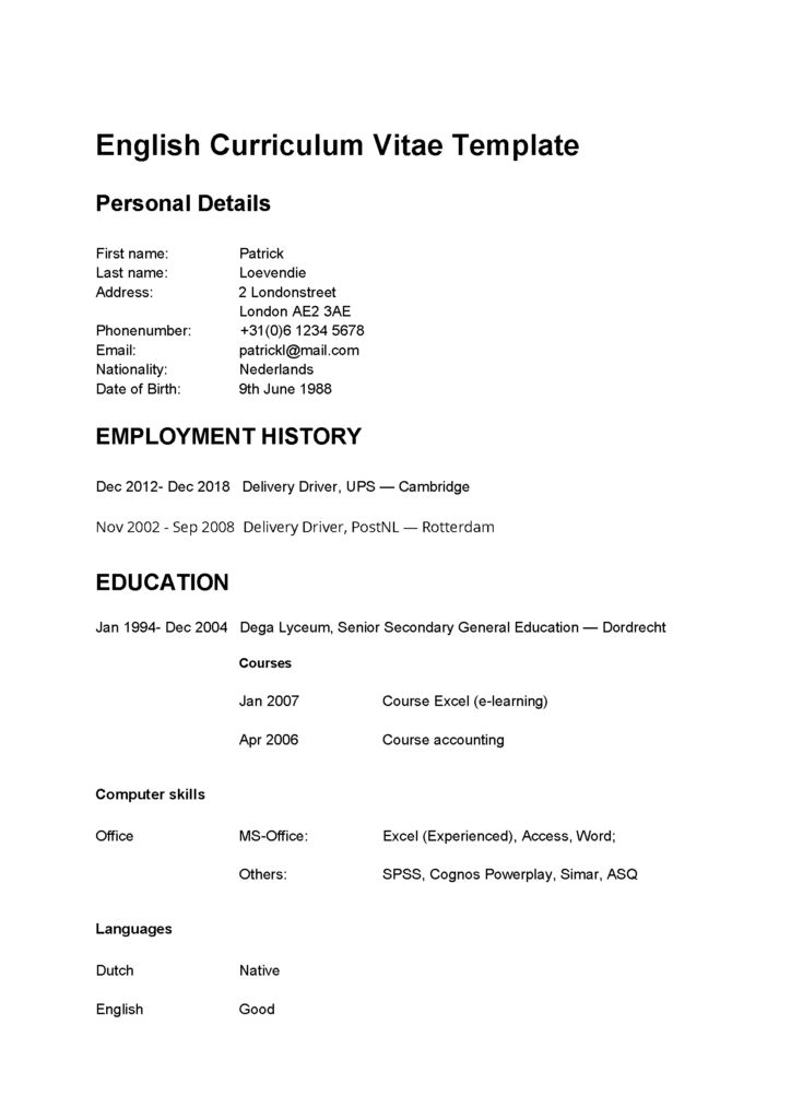 English resume template