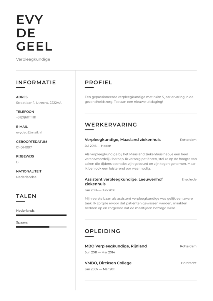 Cv Voorbeeld Verpleegkundige Download Gratis Perfectcv Nl